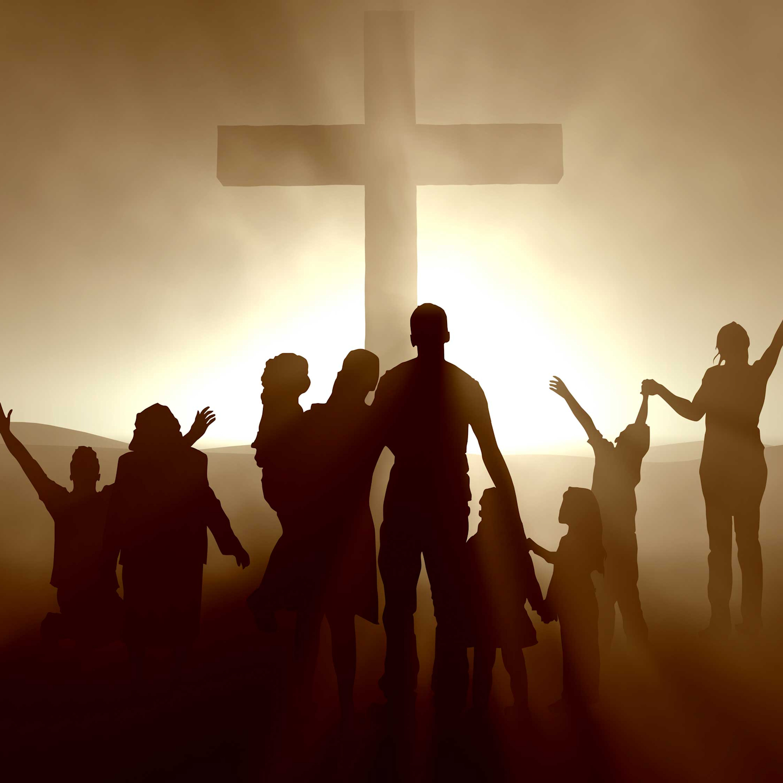 People gathered around a cross